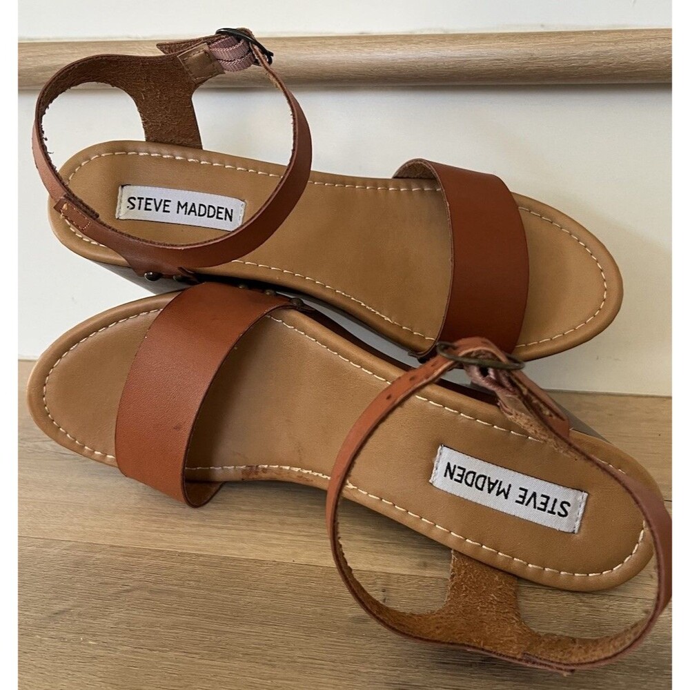 Steve Madden Luna Platform Wooden Clog Ankle Strap Heeled Sandals Size 9 Brown - Picture 4 of 12